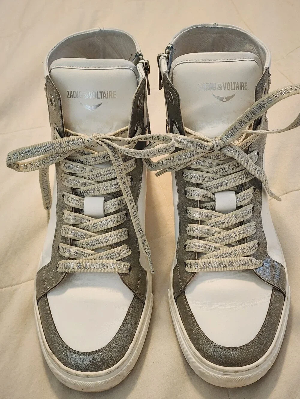 Zadig & Voltaire High-Top Leather Sneakers White/Silver Sz 40/US 9 Quiet Luxury